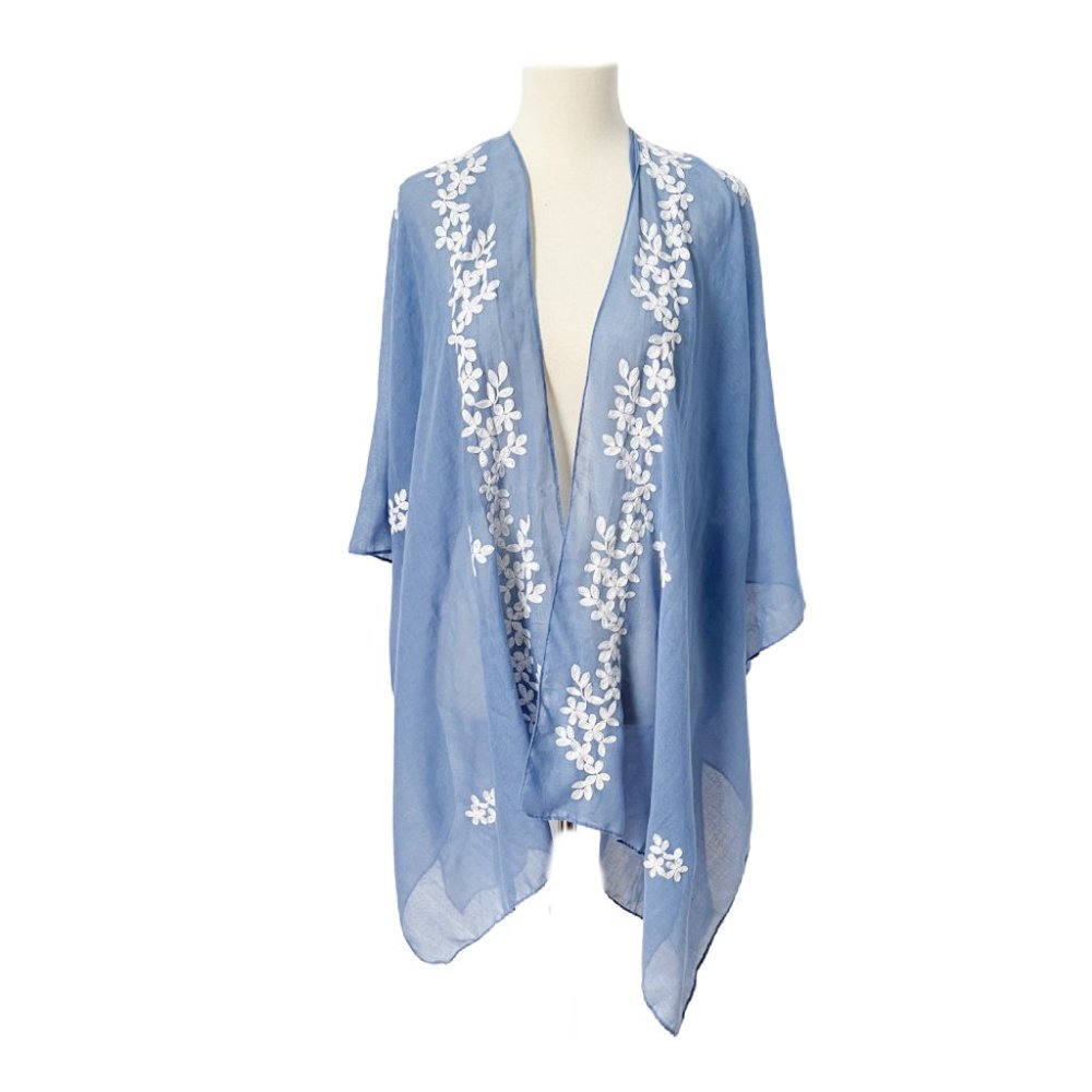 Blue Open Kimono Topper with White Leaf Appliques OS - Picture 1 of 2
